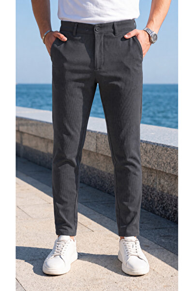 Gussi Erkek Füme Renk Kaliteli Esnek Likralı Slim Fit Keten Pantolon