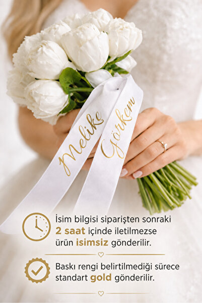 Frisson Kişiye Özel İsimli Saten Gelin Çiçeği Kurdelesi, Gelin Buketi ÇİÇEK D...
