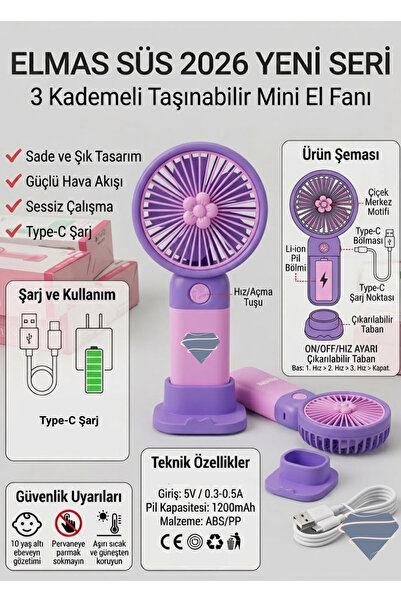 E Elmas 2026 Seri 3 Kademeli USB Şarjlı Mini El Fanı Taşınabilir Sessiz Masaü...