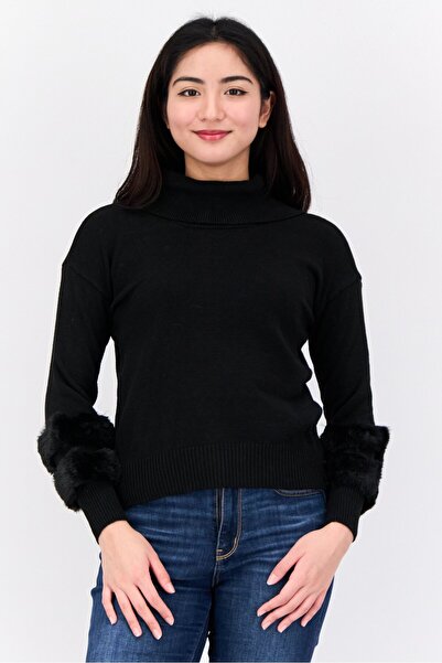 Madison + Hudson Women Turtle Neck Faux Fur Sweater, Black
