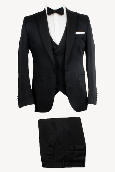 Ysf Erkek Siyah Slim Fit Kırlangıç Yaka Yelekli Damatlık