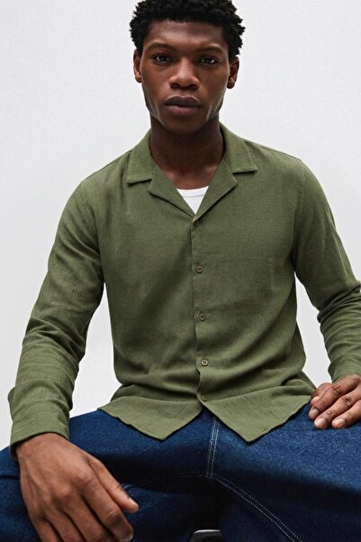 comstar Men's Basic Double Breasted Collar Long Sleeve Khaki Linen Shirt