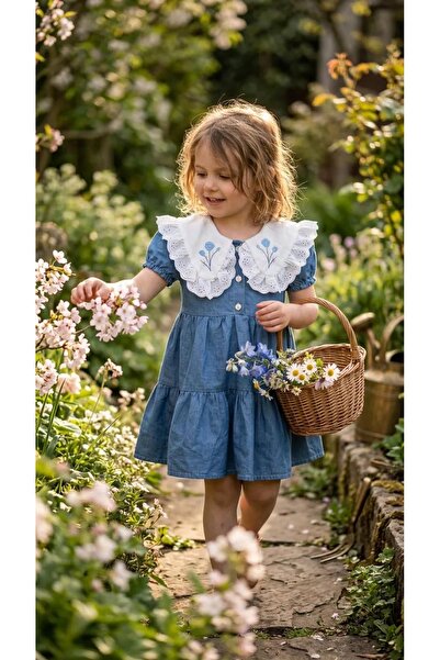 Generic Brand Rochie din denim pentru fete, cu nasturi, cu guler tip păpușă, ...