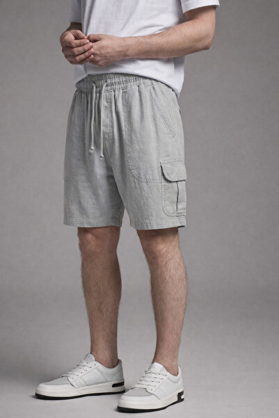 DAMGA JEANS Men's Casual Cargo Pocket Gray Linen Shorts with Elastic Waist