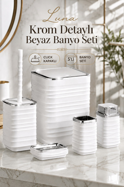 Store Hgy Home White Chrome Detailed Luna Square 5-Piece Bathroom Set - 7 Liters