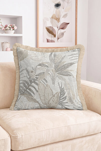 Realhomes Gray and Beige Tropical Leaf Pattern Fringed Throw Pillow Cover - M...