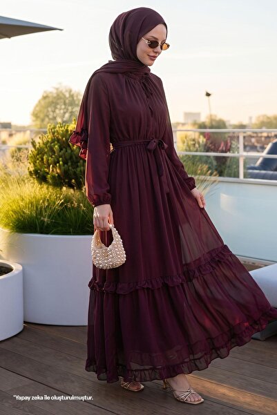 InStyle Φόρεμα από σιφόν σε μπορντό χρώμα με λεπτομέρειες βολάν και σάλι