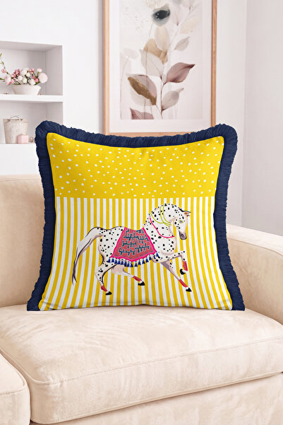 Realhomes Speckled Horse Figured Yellow Striped and Polka Dot Fringed Throw P...