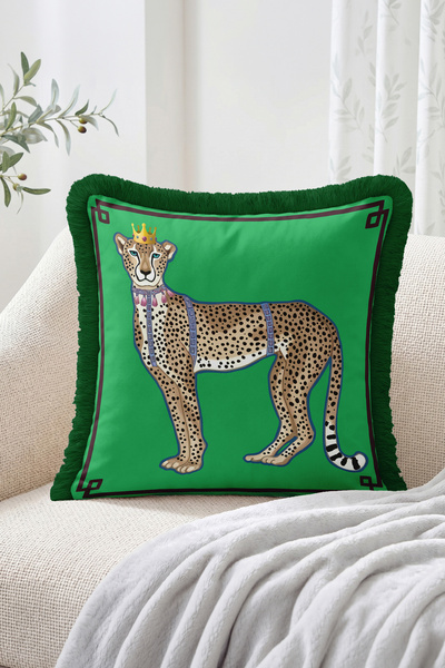 Realhomes Green Background with Crowned Cheetah Figure Modern Fringed Throw P...