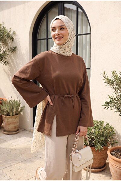 HİJABAYA Beli Bağlamalı Yırtmaçlı Penye Tunik -Kahverengi