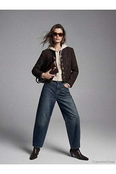 LC Waikiki Lcw Vision Brown Tweed Plain Standard & Regular Women's Jacket wit...