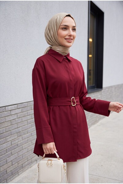 Modamorfo Poplin Tunic with Buckle Belt, Double Cuff Sleeves, and Hidden Butt...