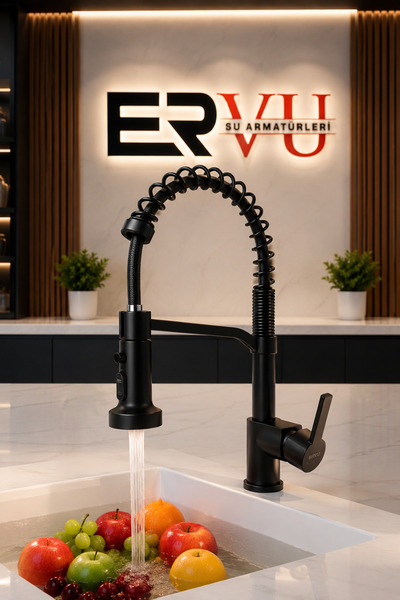 Ervu Yapı Siyah Endüstriyel Oynar Başlıklı Mutfak Bataryası Eviye (SICAK SOĞU...