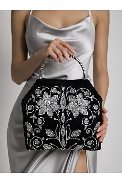 GUSTELLO Satin Fabric Silver Metal Handle Women's Handbag Evening Dress Bag