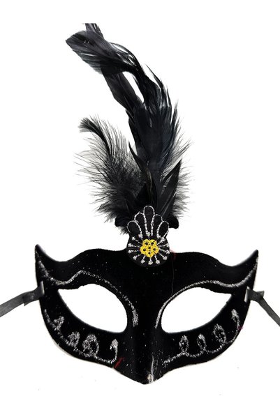 ArkhenX Black Color Feathered Black Suede Coated Party Prom Mask 20X16 cm