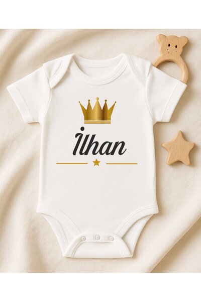 Kişiye Özel İsimli Bebek Body Gold Taçlı Yeni Doğan Zıbın068