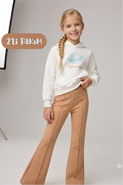 Hilal Akıncı Kids Kız Çocuk Tasarım Baskılı Beyaz Sweatshirt İspanyol Paça 2'...