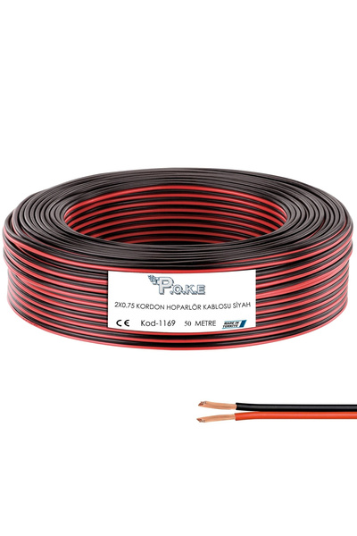 Poke 50 Metre 2x0,75mm Siyah Kırmızı Çizgili Elektrik Ses ve Hoparlör Kablosu...