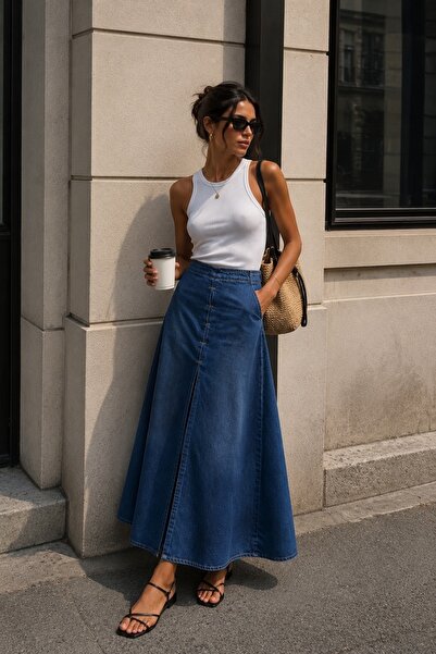 Black Fashion Dikiş Detay Yırtmaçlı Maxi Koyu Mavi Denim Etek
