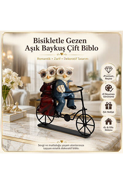 e-life shop Bisikletle Gezen Aşık Baykuş Çift Biblo Heykel Ev Ofis Yeni Yıl H...