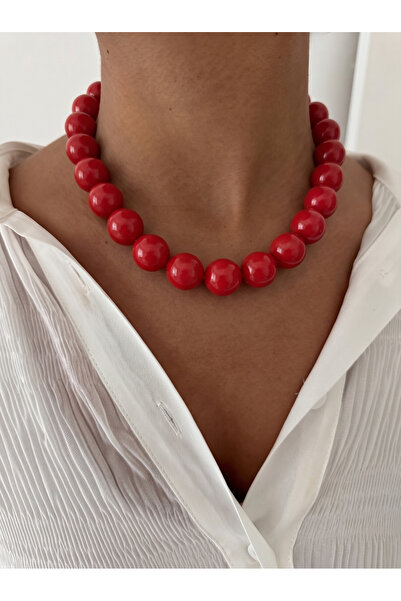 Esdem Accessories Büyük Kırmızı İri Boncuklu İddialı Akrilik Kolye