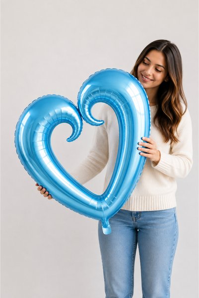 Baloncu Nene Büyük Boy 1 Metre Mavi Kalp Ortası Boş Folyo Balon Evlilik Tekli...