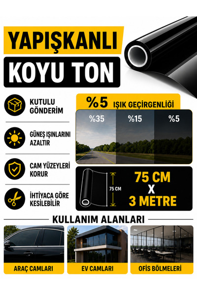 AUTOFOLYO Cam Filmi Koyu Ton 75 Cm X 3 M Ev - Ofis - Oto Uyumlu Yapışkanlı