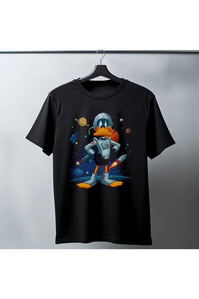 Generic Brand تي شيرت أسود كبير الحجم مطبوع عليه Duck Dodgers Space للجنسين -...