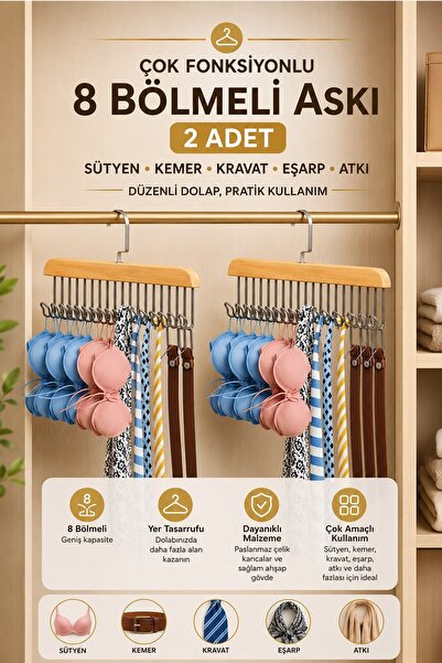 İndirimKap 2 Adet 8 Bölmeli Ahşap Kemer Kravat Eşarp Atkı Askısı Sütyen Askıs...