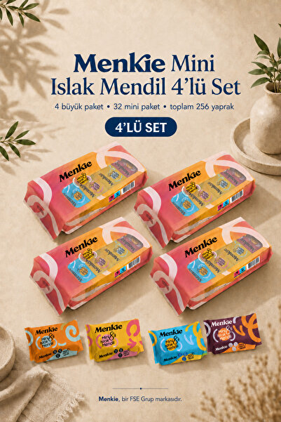MENKİE Mini Islak Mendil 4’lü Set - 32 Mini Paket 256 Yaprak Cep Boy Okyanus ...