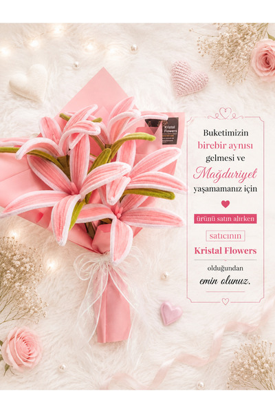 Kristal Flowers El Yapımı Solmaya Pembe Zambak Buketi – Dekoratif Çiçek Aranj...