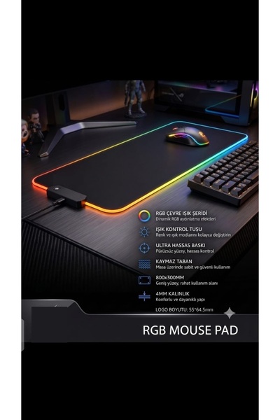 Zoli RGB Led Işıklı Oyuncu Mouse Pad 80x30 cm 4 mm XL Kaymaz Su Geçirmez Klav...