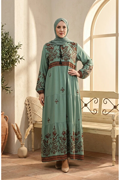 sefamerve Large size floral patterned viscose dress 4084-04 çağla green