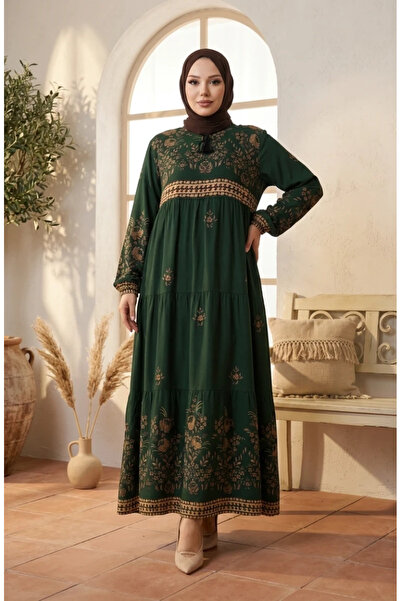 sefamerve Plus size floral patterned viscose dress 4084-06 emerald green