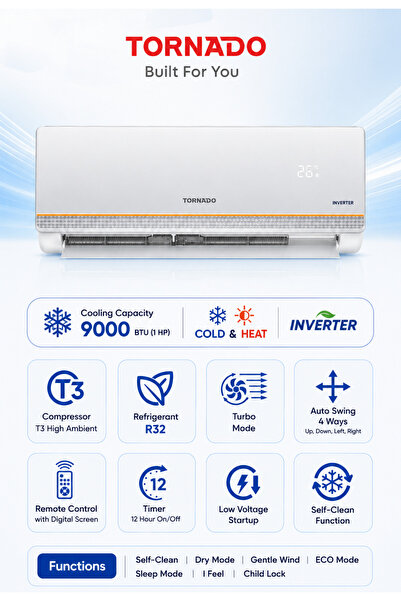 Tornado 1 HP Split Air Conditioner Inverter, 9000 BTU, Cooling & Heating, R32...