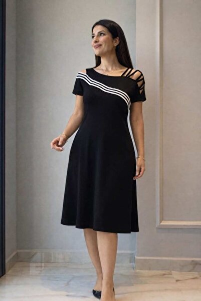 Generic Brand Women's short sleeve off-the-shoulder midi dress with ribbon de...