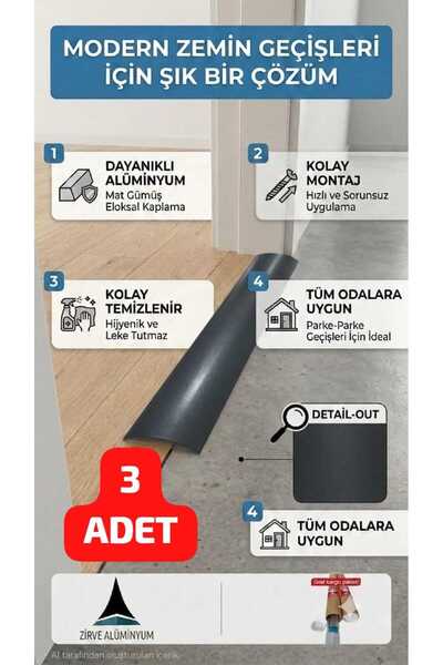 Zirve Alüminyum Alüminyum Antrasit Eşik Profili 3 ADET 90 Cm'ye Kadar Özel Öl...
