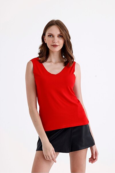 SİSTERS2HC Leather N Front and Back V-Neck Straps Viscose Red T-Shirt