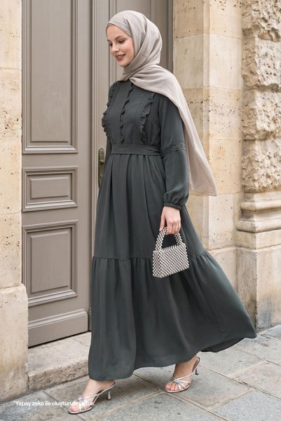 InStyle Rochie gri cu curea și detalii din dantelă