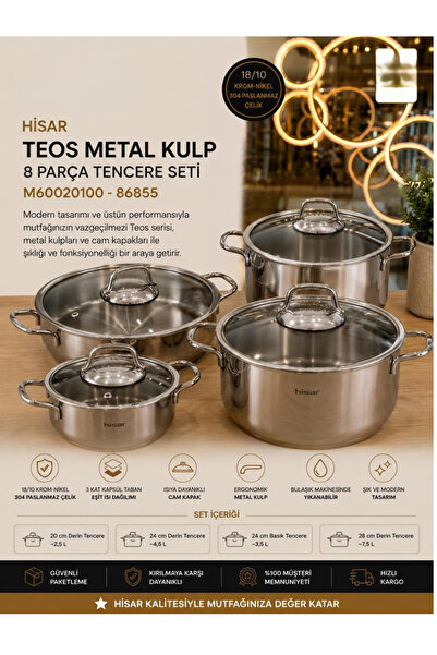 ŞİRİN VALENT HOME Hi̇sar Teos Metal Handle 8 Piece Cookware Set