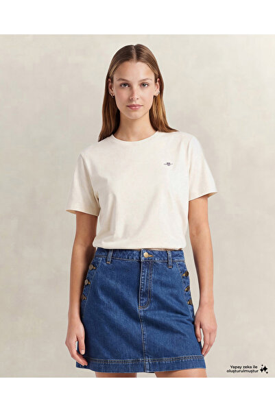 Gant Kadın Krem Bisiklet Yaka Regular Fit Logolu T-Shirt