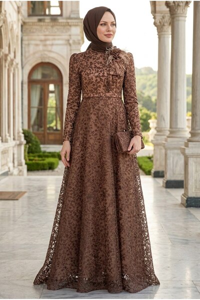 Neva Style Dantelli Kahverengi Tesettür Abiye Elbise 22421KH