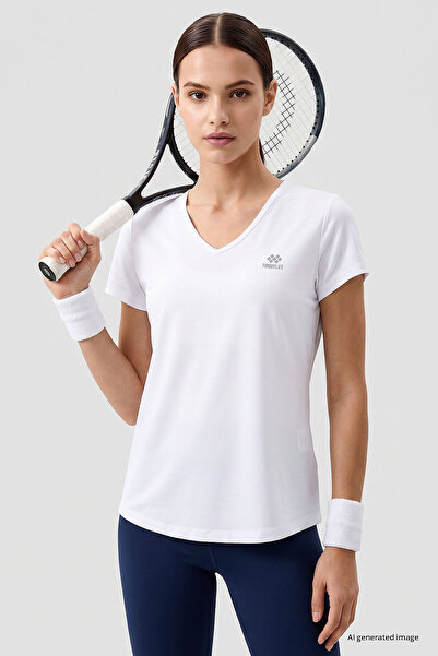 TOMMY LIFE تي شيرت نسائي أبيض أساسي بأكمام قصيرة ورقبة على شكل حرف V - 97145