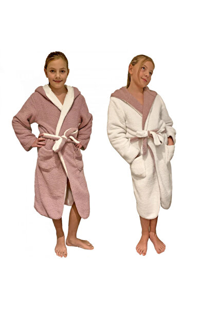 Homelevel Halat de baie reversibil pentru copii, 9-10 ani, Roz / Crem, Polies...