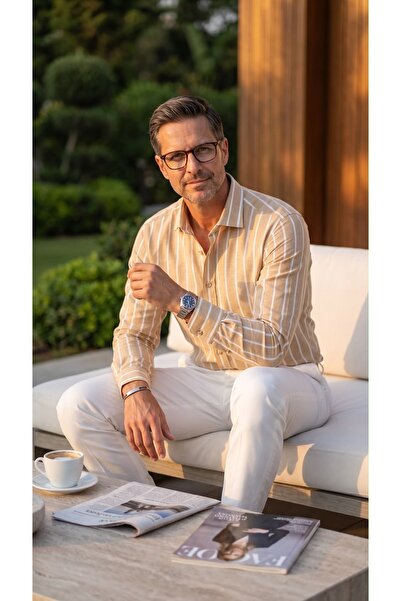 MEGALDİ Erkek Slim Fit Kesim Sarı Beyaz Çizgili Uzun Kollu Gömlek