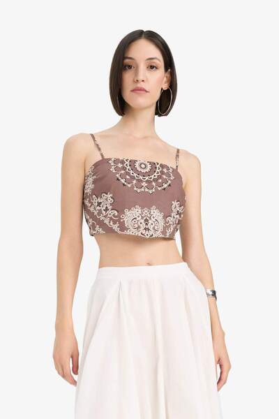 DeFacto 100% Cotton Afra X Defacto Square Collar Voile Patterned Strappy Blou...