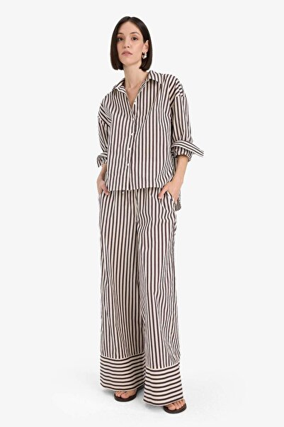 DeFacto Afra x Wide Leg Ριγέ Υφασμάτινο Παντελόνι Διπλό Με τσέπες Ψηλόμεσο Φα...