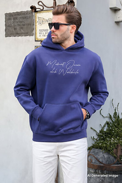 Madmext Navy Blue Hooded Pocket Detailed Printed Men's Sweatshirt 7064