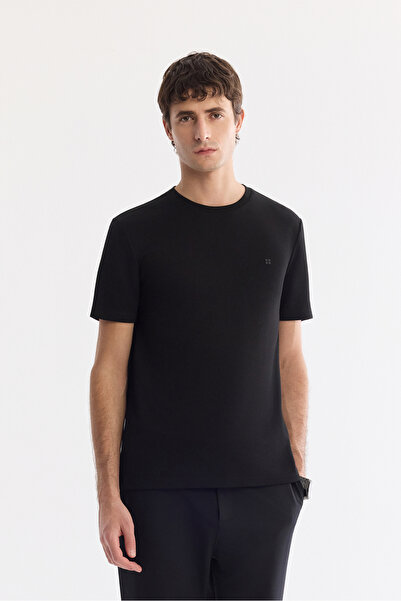 Avva Men's Black Crew Neck Printed Bi-Stretch Interlock Regular Fit T-Shirt A...