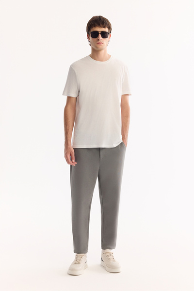 Avva Men's Grey-Green Classic Waist Cotton Carrot Fit Trousers A52Y3061
